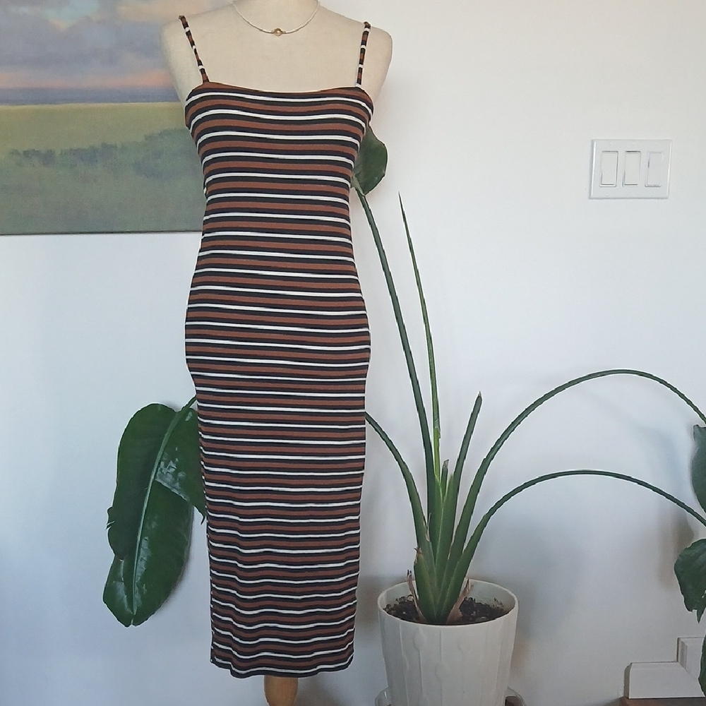 AKIRA Black and Brown Striped Midi Dress